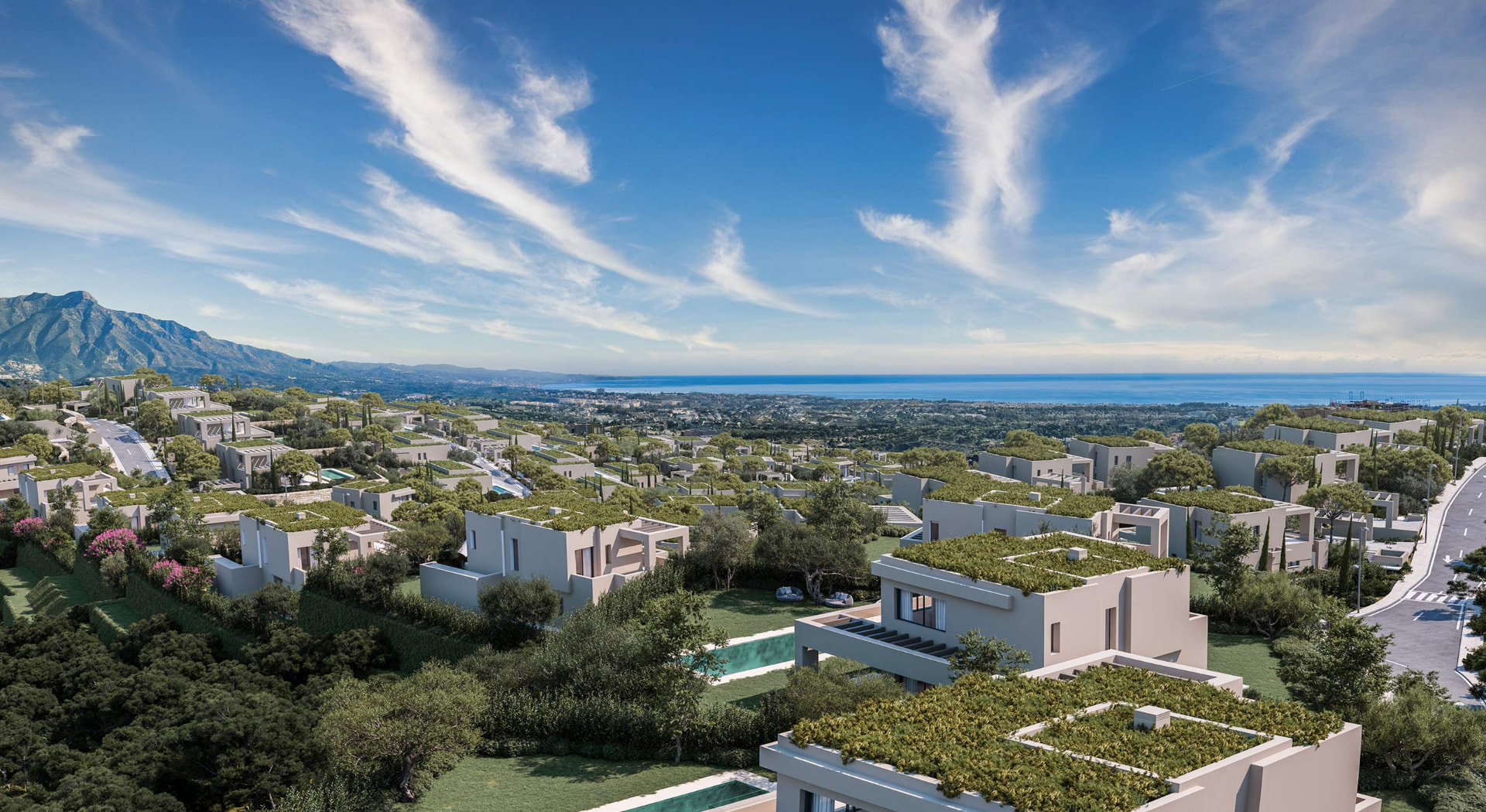 Aerial view of the gated community with sea views
